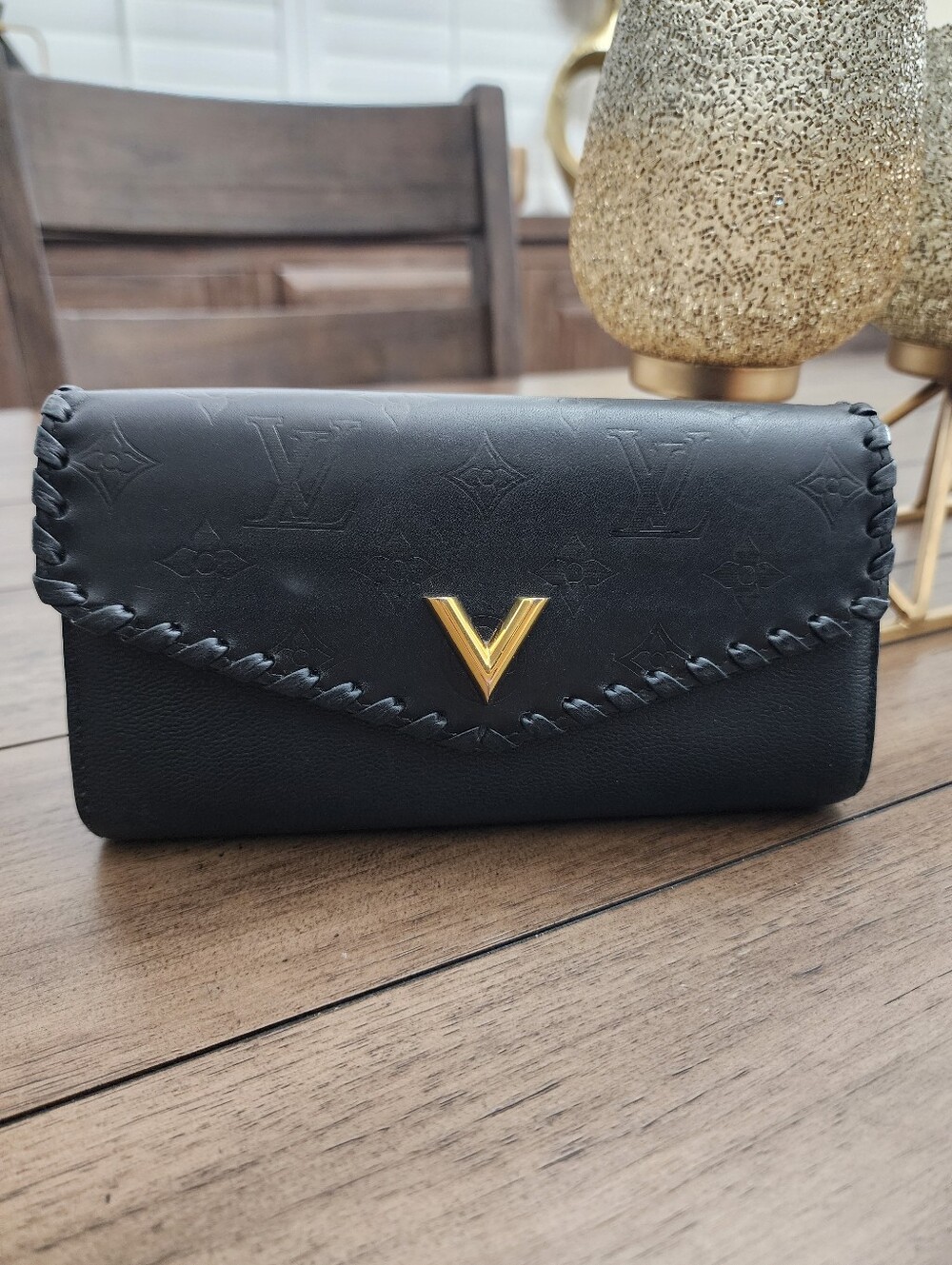 Louis Vuitton Black Monogram Empreinte Clutch with Gold V Accent COA Included